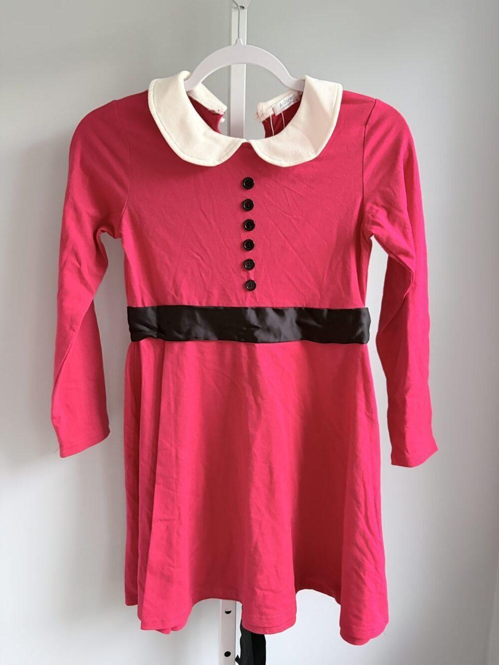 Arshiner Girls Red Long Sleeve Dress White Peter Pan Collar Black Bow Sash 140